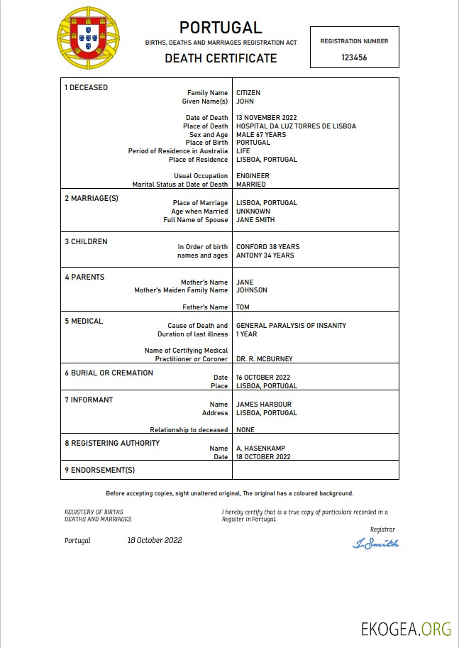 Modèle Word et PDF d'acte de décès au Portugal
